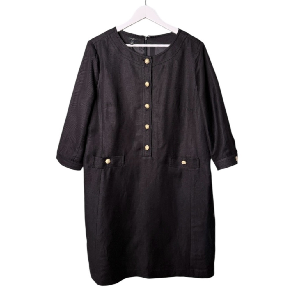 Talbots Linen Blend 3/4 Sleeves Half Gold Button Front Dress Black 16 Petite